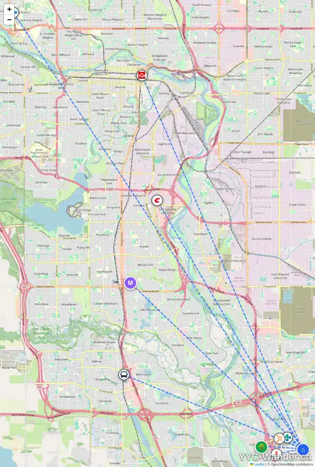 Daily accessibility map for 19671 48 ST SE, Calgary showing nearby schools, grocery stores, parks, LRT stations and nearby amenities