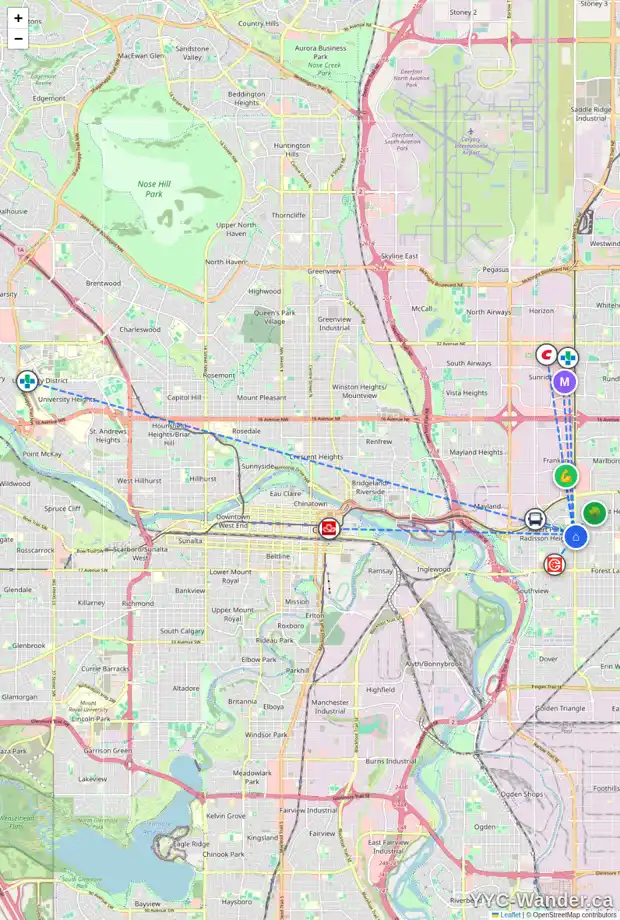 Daily accessibility map for 911 36 ST SE, Calgary showing nearby schools, grocery stores, parks, LRT stations and nearby amenities