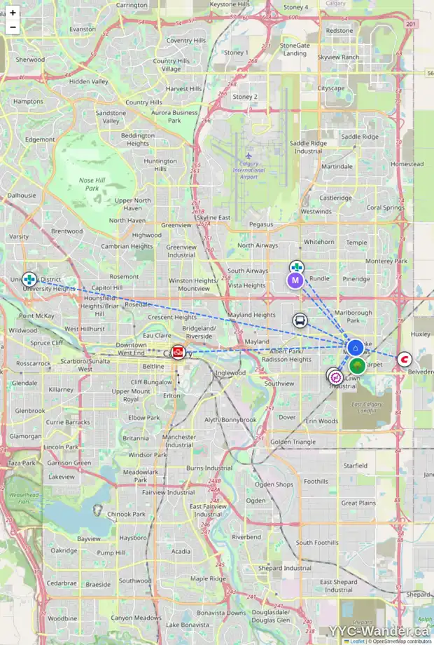 Daily accessibility map for 6017 5 AV SE, Calgary showing nearby schools, grocery stores, parks, LRT stations and nearby amenities