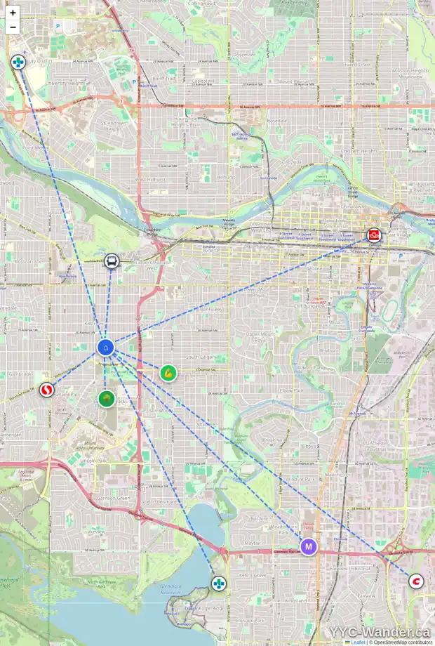 Daily accessibility map for 3015 27 ST SW, Calgary showing nearby schools, grocery stores, parks, LRT stations and nearby amenities