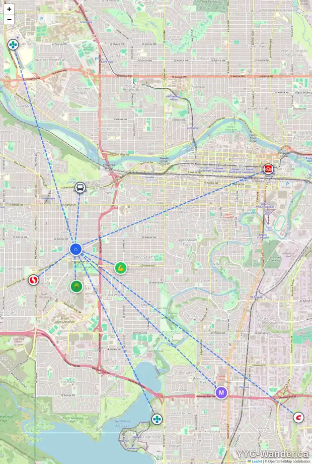 Daily accessibility map for 3013 27 ST SW, Calgary showing nearby schools, grocery stores, parks, LRT stations and nearby amenities