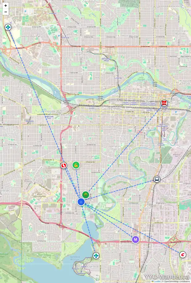 Daily accessibility map for 2003 49 AV SW, Calgary showing nearby schools, grocery stores, parks, LRT stations and nearby amenities