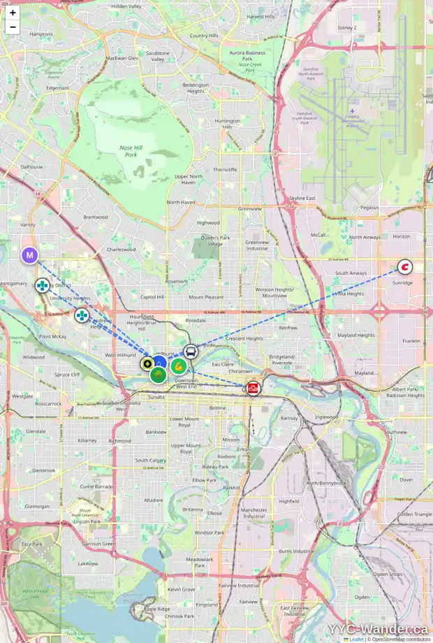 Daily accessibility map for 1721A 1 AV NW, Calgary showing nearby schools, grocery stores, parks, LRT stations and nearby amenities