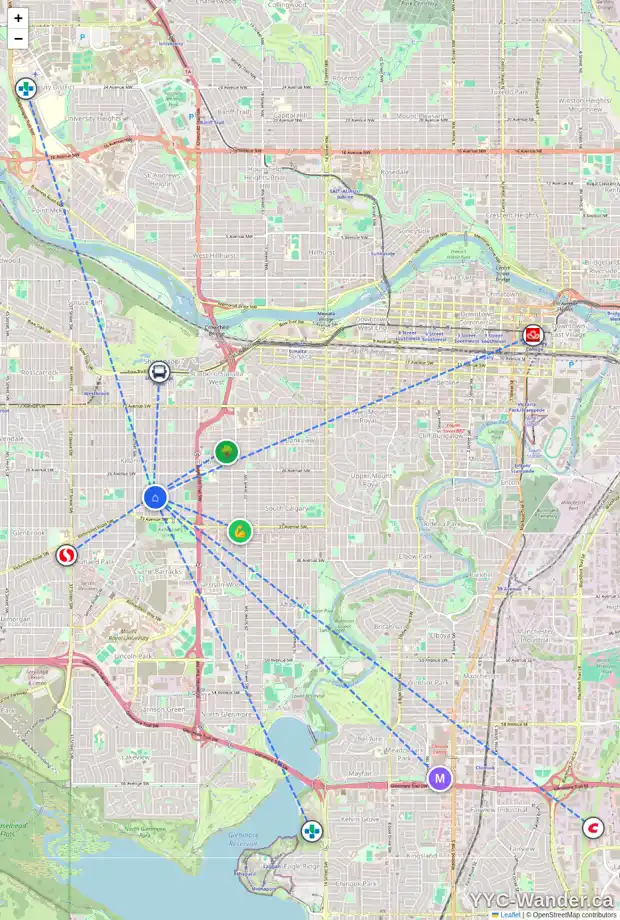 Daily accessibility map for 3026 27 ST SW, Calgary showing nearby schools, grocery stores, parks, LRT stations and nearby amenities