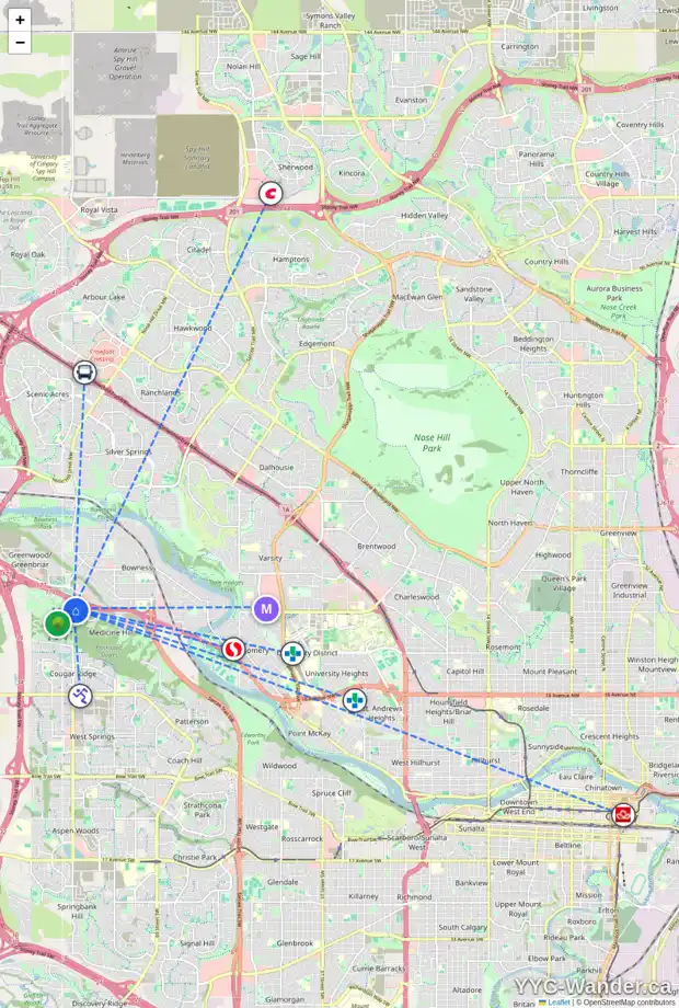 Daily accessibility map for 66 YARROW LD SW, Calgary showing nearby schools, grocery stores, parks, LRT stations and nearby amenities