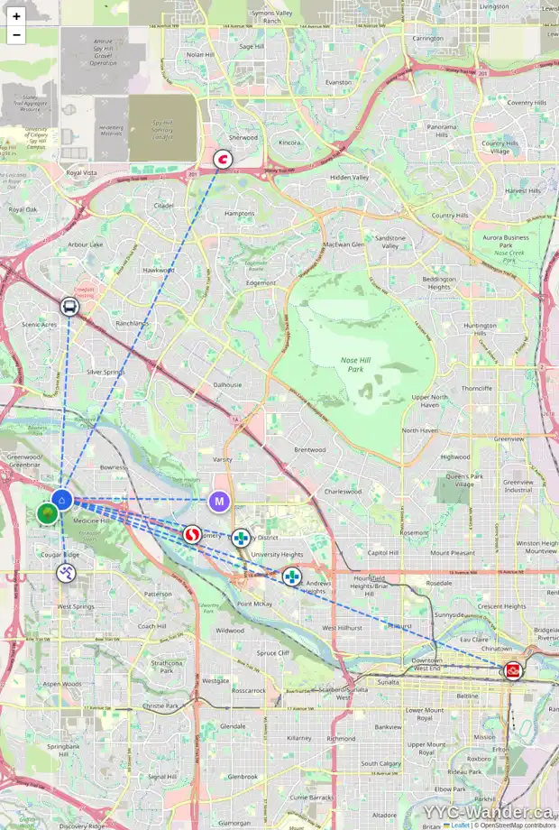 Daily accessibility map for 50 CANADA OLYMPIC CM SW, Calgary showing nearby schools, grocery stores, parks, LRT stations and nearby amenities