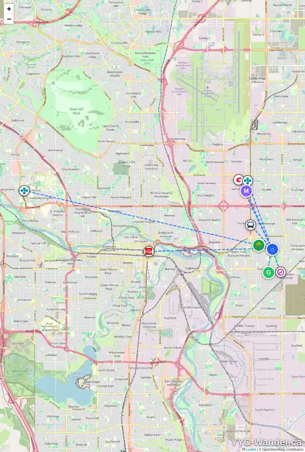 Daily accessibility map for 703 47 ST SE, Calgary showing nearby schools, grocery stores, parks, LRT stations and nearby amenities