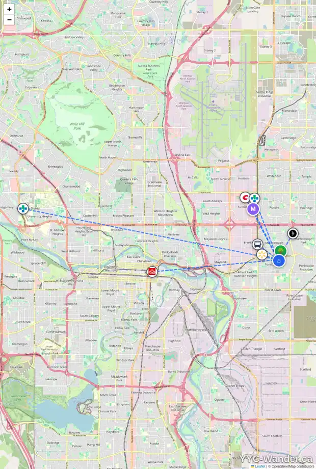 Daily accessibility map for 4608 FORTUNE RD SE, Calgary showing nearby schools, grocery stores, parks, LRT stations and nearby amenities