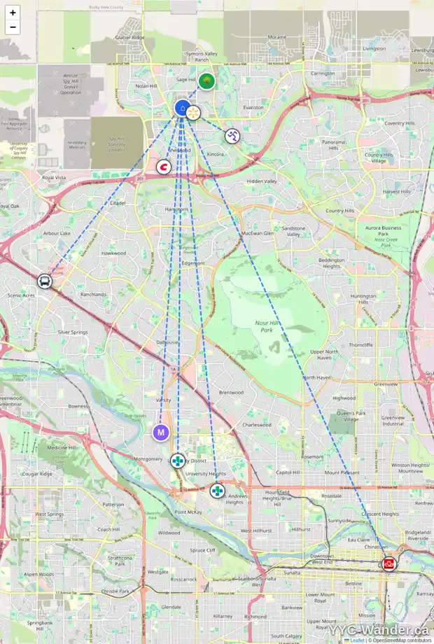 Daily accessibility map for 110 30 SAGE HILL WK NW, Calgary showing nearby schools, grocery stores, parks, LRT stations and nearby amenities