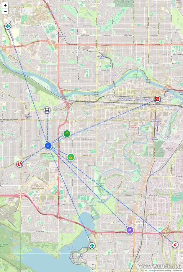 Daily accessibility map for 3010 26A ST SW, Calgary showing nearby schools, grocery stores, parks, LRT stations and nearby amenities