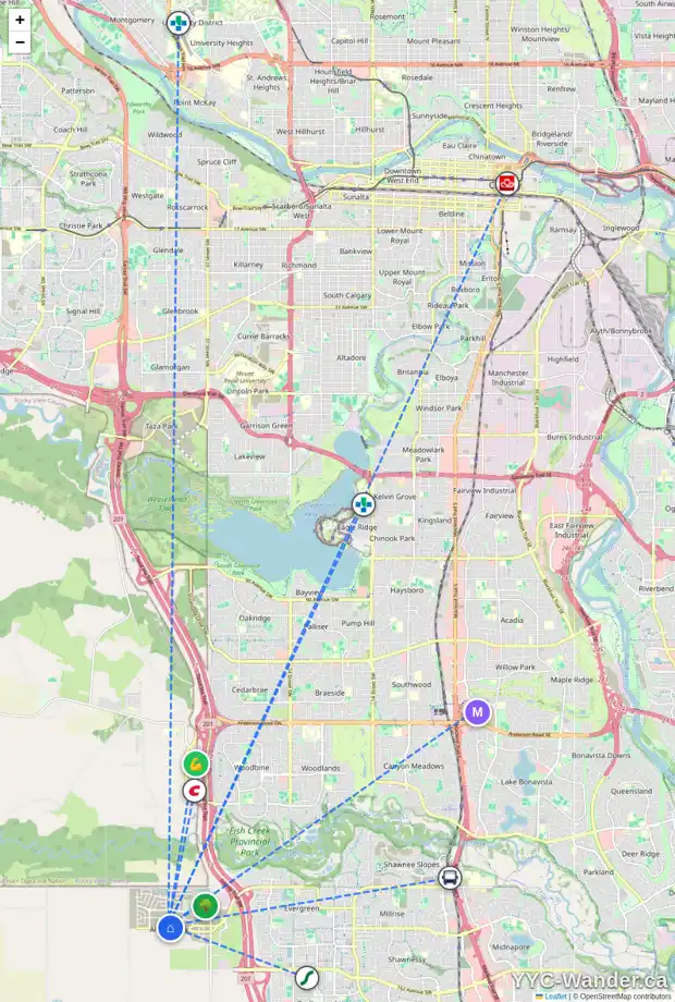 Daily accessibility map for 15477 45 ST SW, Calgary showing nearby schools, grocery stores, parks, LRT stations and nearby amenities