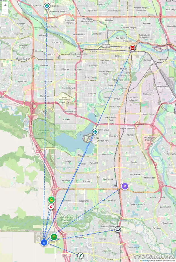 Daily accessibility map for 58 VERDURE PL SW, Calgary showing nearby schools, grocery stores, parks, LRT stations and nearby amenities