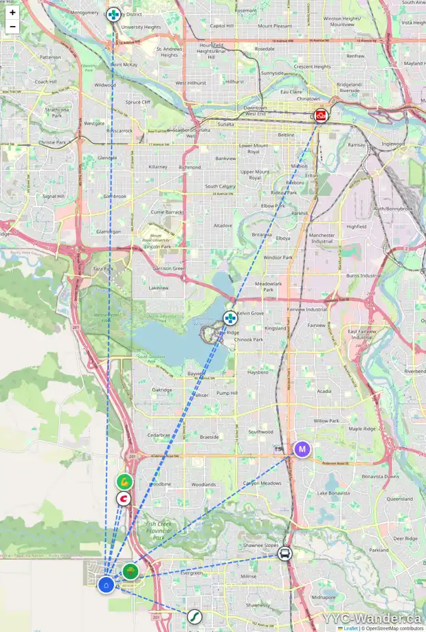 Daily accessibility map for 59 VERDURE PL SW, Calgary showing nearby schools, grocery stores, parks, LRT stations and nearby amenities