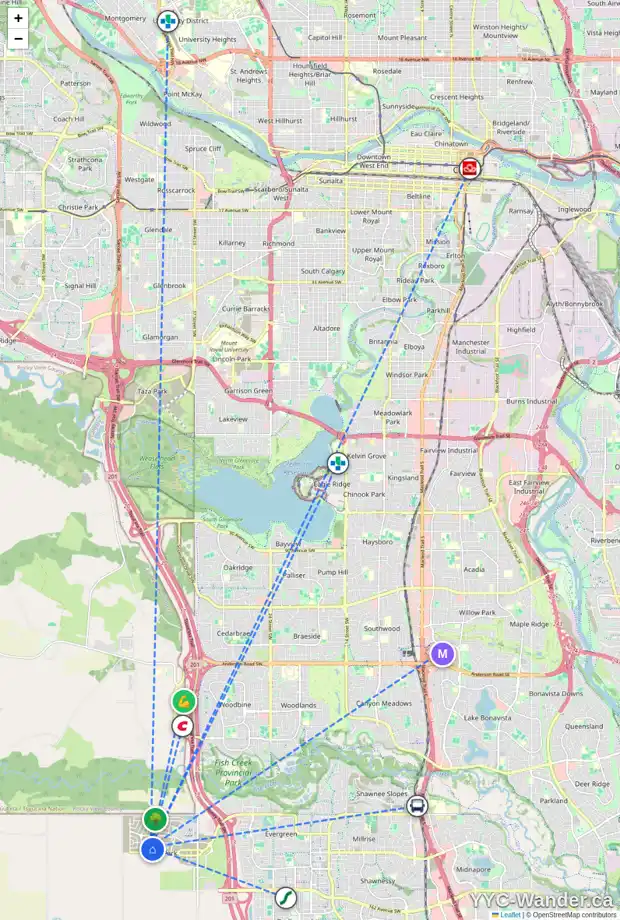 Daily accessibility map for 43 VERDURE GA SW, Calgary showing nearby schools, grocery stores, parks, LRT stations and nearby amenities