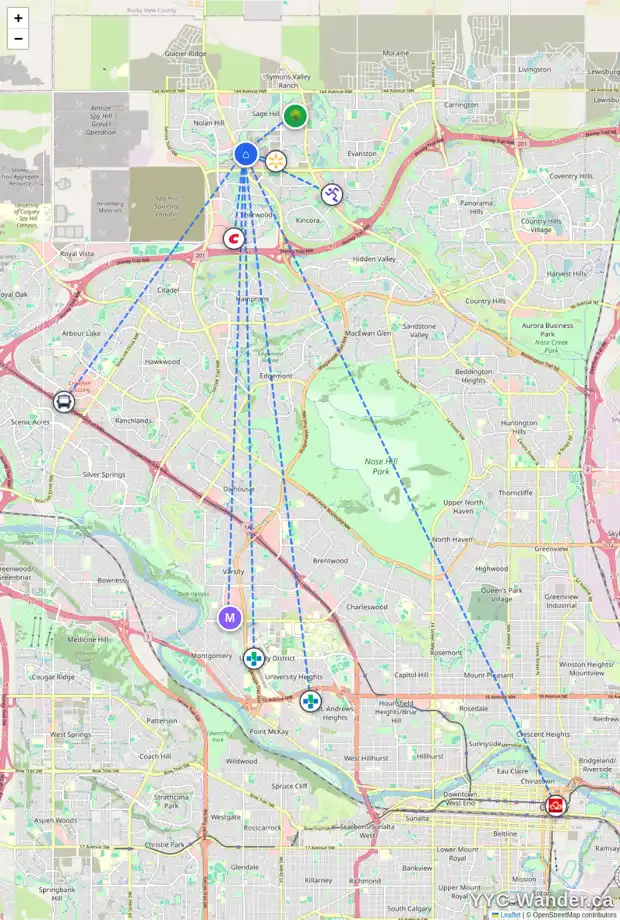 Daily accessibility map for 223 85 SAGE HILL HT NW, Calgary showing nearby schools, grocery stores, parks, LRT stations and nearby amenities