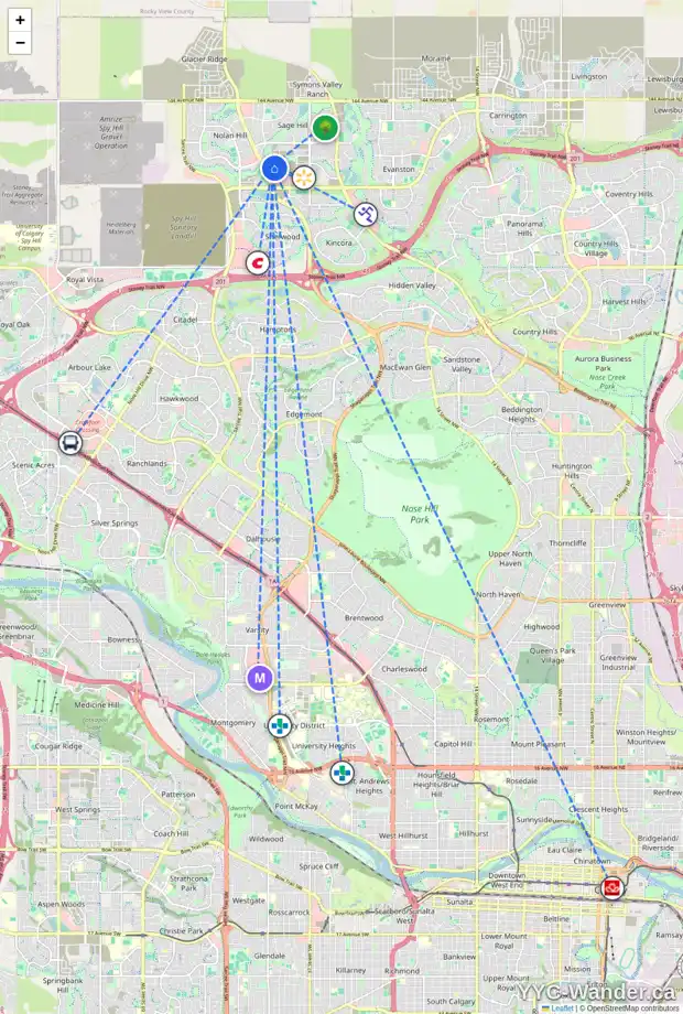 Daily accessibility map for 405 85 SAGE HILL HT NW, Calgary showing nearby schools, grocery stores, parks, LRT stations and nearby amenities