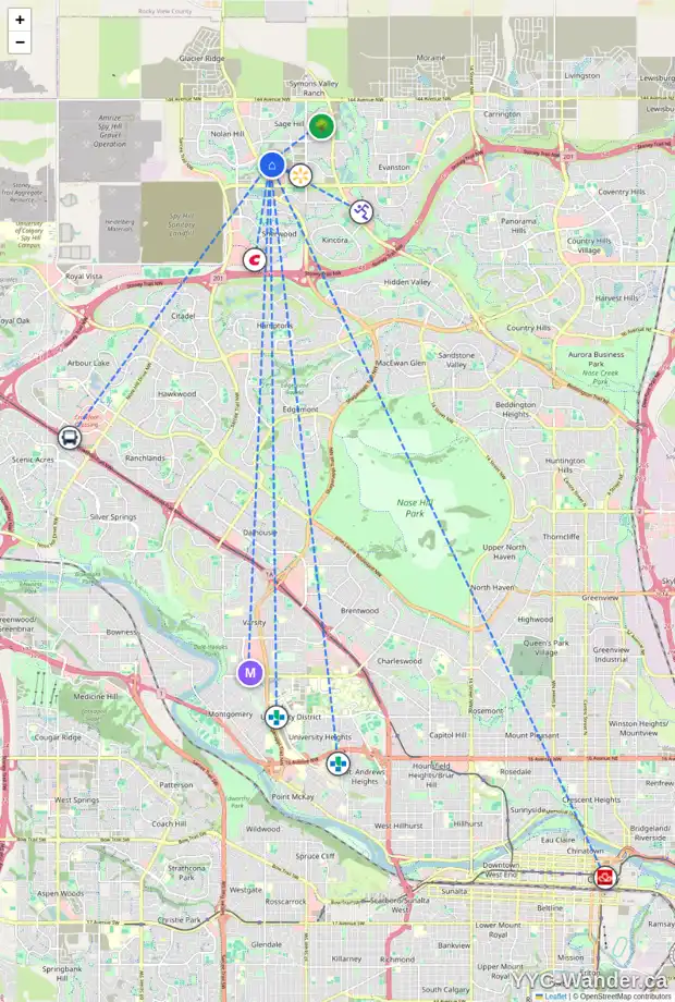 Daily accessibility map for 65 SAGE HILL HT NW, Calgary showing nearby schools, grocery stores, parks, LRT stations and nearby amenities