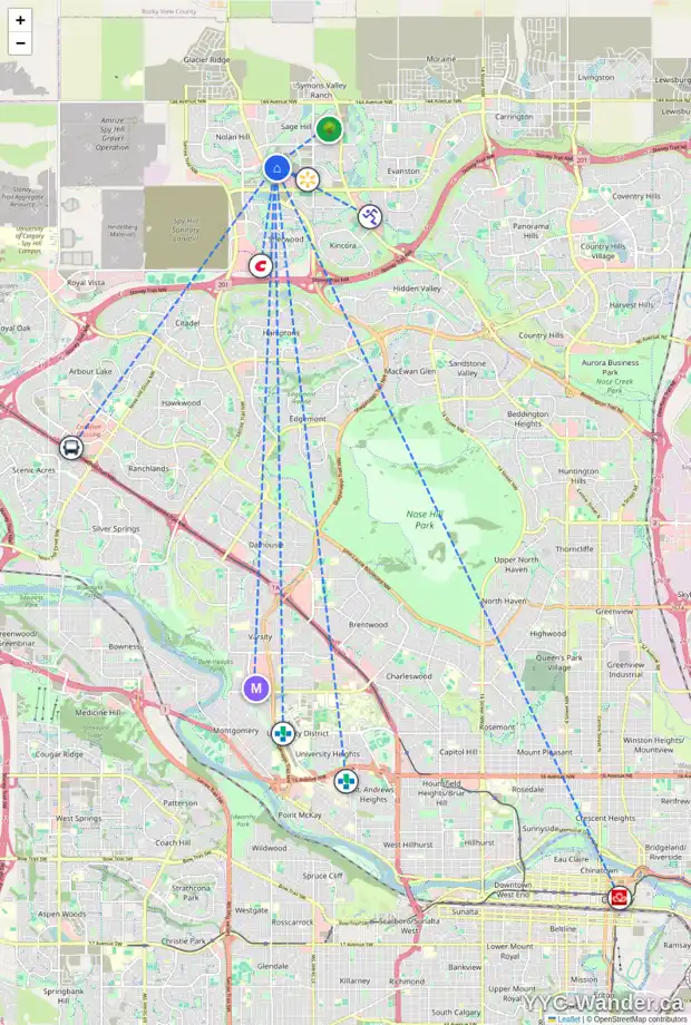 Daily accessibility map for 73 SAGE HILL HT NW, Calgary showing nearby schools, grocery stores, parks, LRT stations and nearby amenities