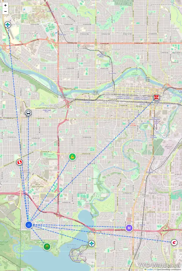 Daily accessibility map for 6503 34 ST SW, Calgary showing nearby schools, grocery stores, parks, LRT stations and nearby amenities