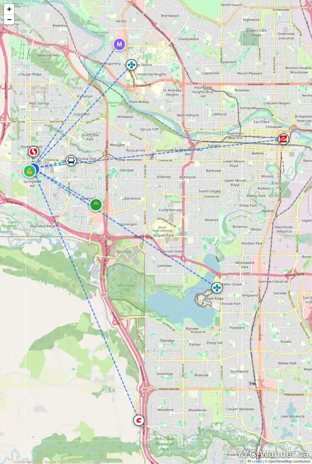 Daily accessibility map for 53 SPRING CREEK CM SW, Calgary showing nearby schools, grocery stores, parks, LRT stations and nearby amenities
