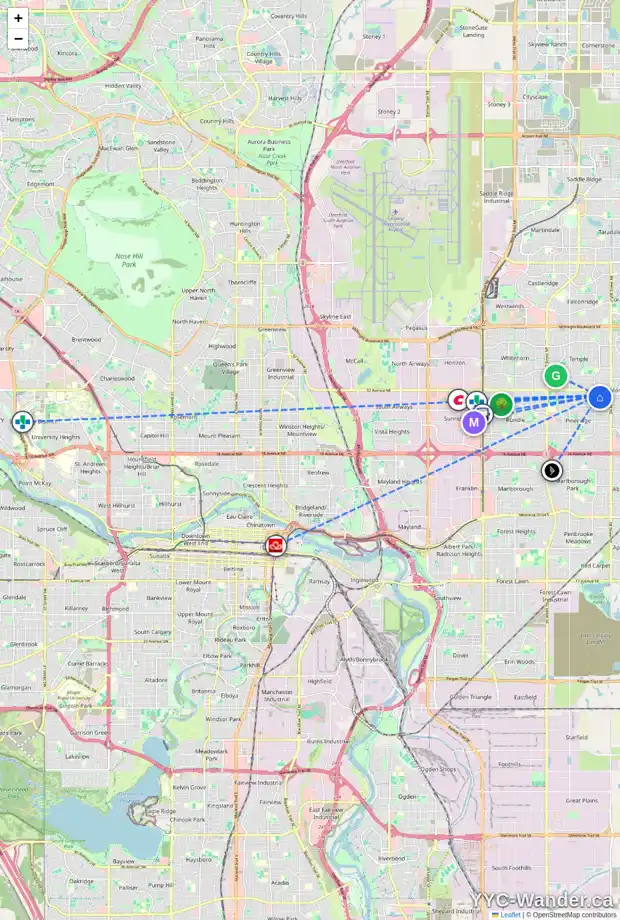 Daily accessibility map for 211 PINECLIFF WY NE, Calgary showing nearby schools, grocery stores, parks, LRT stations and nearby amenities