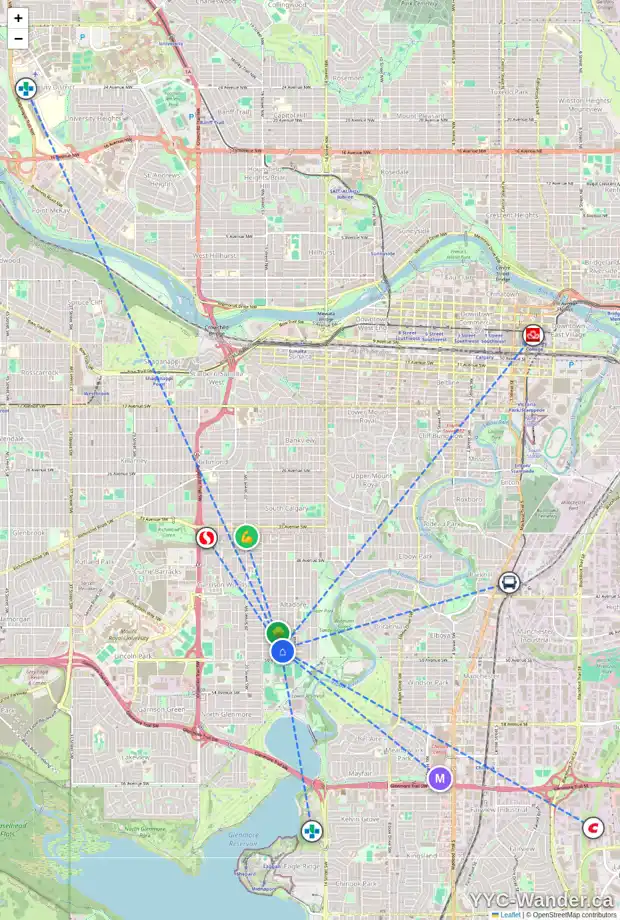 Daily accessibility map for 1746 49 AV SW, Calgary showing nearby schools, grocery stores, parks, LRT stations and nearby amenities