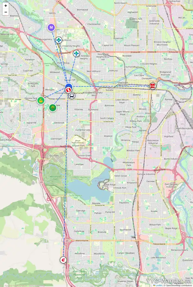 Daily accessibility map for 711 36 ST SW, Calgary showing nearby schools, grocery stores, parks, LRT stations and nearby amenities