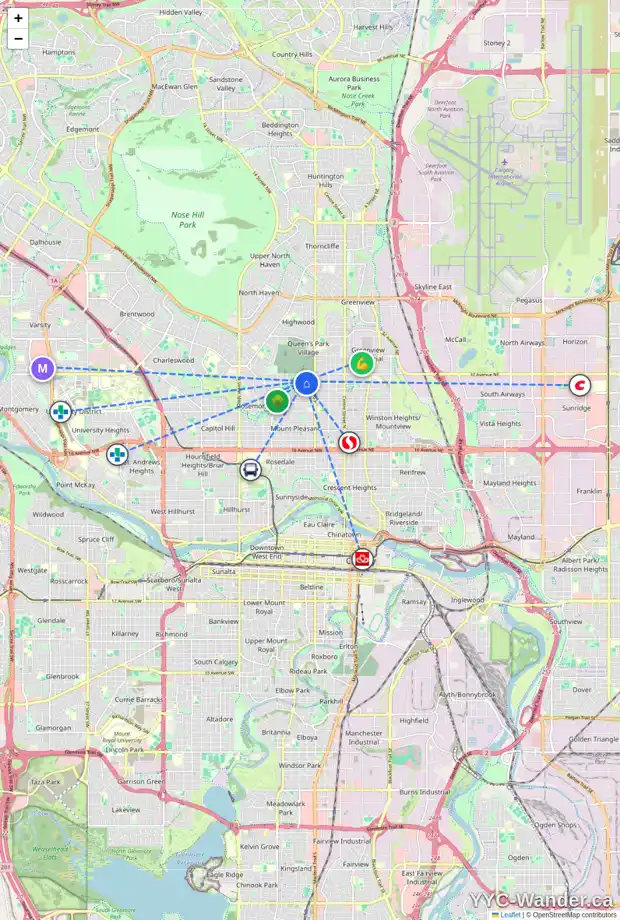 Daily accessibility map for 3111 5 ST NW, Calgary showing nearby schools, grocery stores, parks, LRT stations and nearby amenities