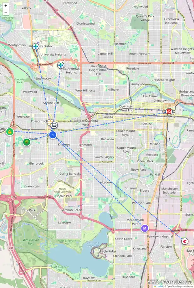 Daily accessibility map for 2006 35 ST SW, Calgary showing nearby schools, grocery stores, parks, LRT stations and nearby amenities