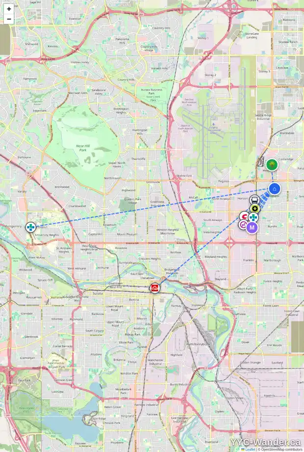 Daily accessibility map for 4232 44 AV NE, Calgary showing nearby schools, grocery stores, parks, LRT stations and nearby amenities