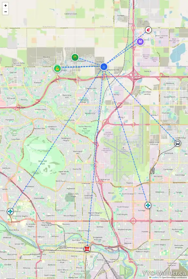 Daily accessibility map for 205 LEWISTON LD NE, Calgary showing nearby schools, grocery stores, parks, LRT stations and nearby amenities
