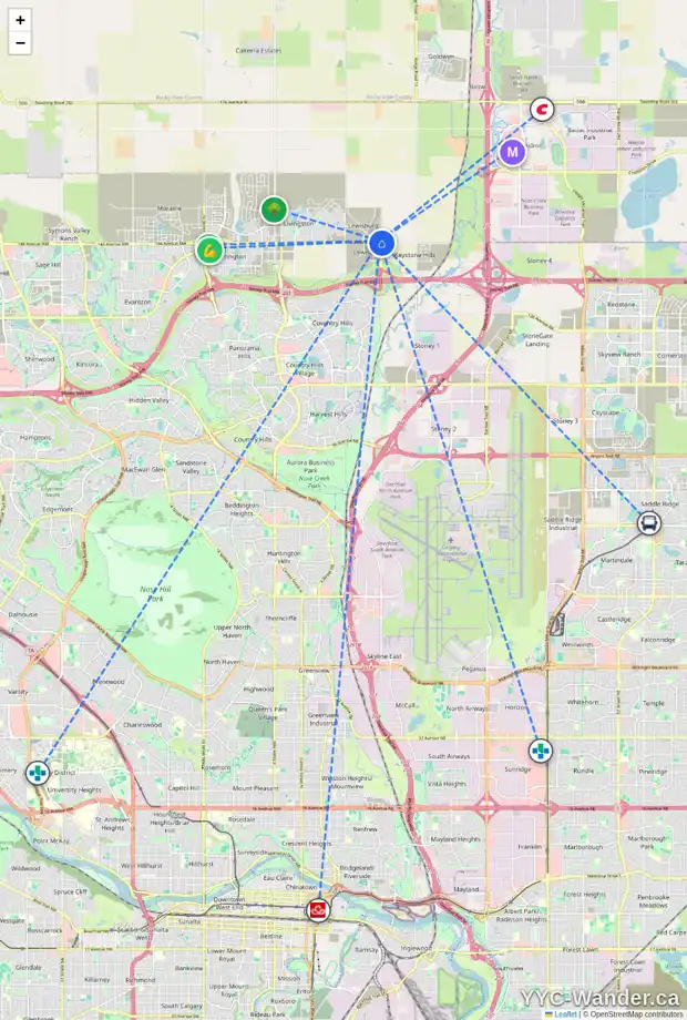 Daily accessibility map for 204 LEWISTON LD NE, Calgary showing nearby schools, grocery stores, parks, LRT stations and nearby amenities