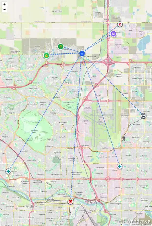 Daily accessibility map for 445 LEWISTON LD NE, Calgary showing nearby schools, grocery stores, parks, LRT stations and nearby amenities