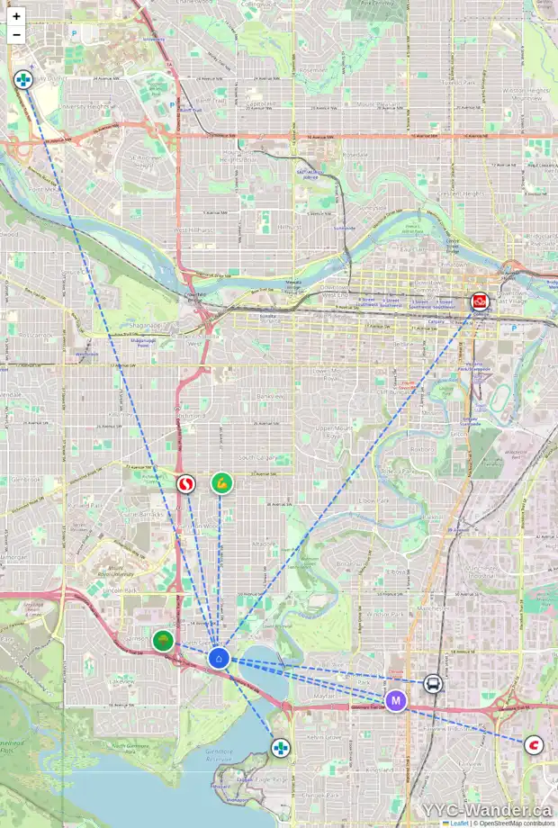 Daily accessibility map for 2115 LINCOLN DR SW, Calgary showing nearby schools, grocery stores, parks, LRT stations and nearby amenities