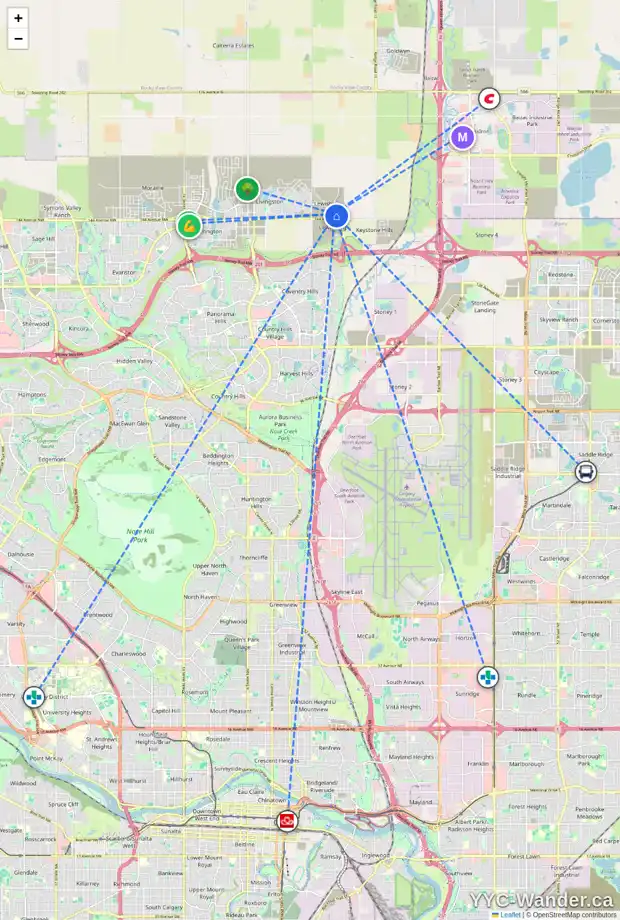 Daily accessibility map for 19 LEWISTON RO NE, Calgary showing nearby schools, grocery stores, parks, LRT stations and nearby amenities