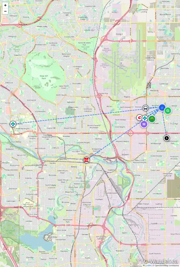 Daily accessibility map for 3823 49 ST NE, Calgary showing nearby schools, grocery stores, parks, LRT stations and nearby amenities