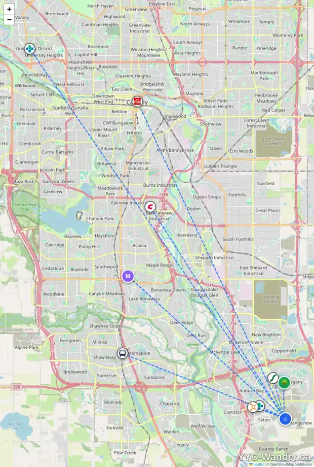 Daily accessibility map for 63 HEARTWOOD VI SE, Calgary showing nearby schools, grocery stores, parks, LRT stations and nearby amenities