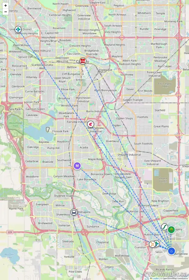 Daily accessibility map for 50 HEARTWOOD VI SE, Calgary showing nearby schools, grocery stores, parks, LRT stations and nearby amenities