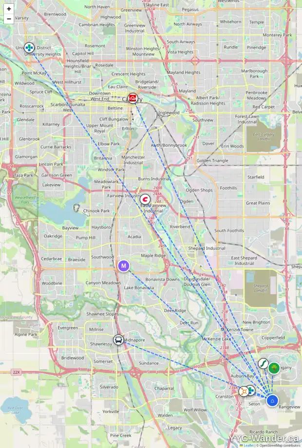 Daily accessibility map for 7023 RANGEVIEW AV SE, Calgary showing nearby schools, grocery stores, parks, LRT stations and nearby amenities