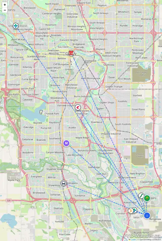 Daily accessibility map for 7079 RANGEVIEW AV SE, Calgary showing nearby schools, grocery stores, parks, LRT stations and nearby amenities