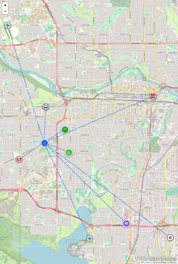 Daily accessibility map for 3030 27 ST SW, Calgary showing nearby schools, grocery stores, parks, LRT stations and nearby amenities