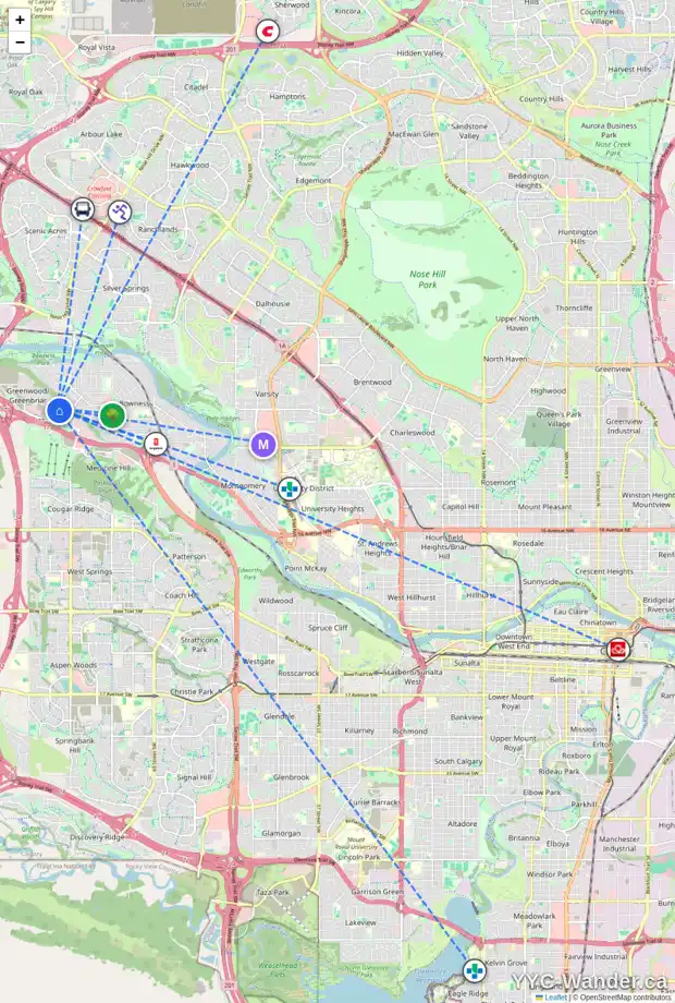 Daily accessibility map for 614 GREENBRIAR CM NW, Calgary showing nearby schools, grocery stores, parks, LRT stations and nearby amenities