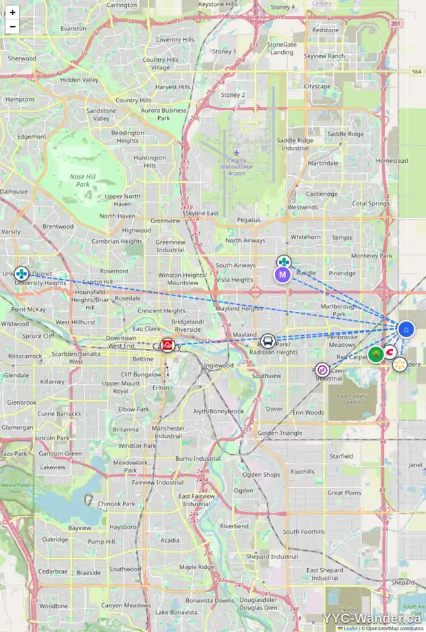 Daily accessibility map for 39 HUXLAND RD NE, Calgary showing nearby schools, grocery stores, parks, LRT stations and nearby amenities