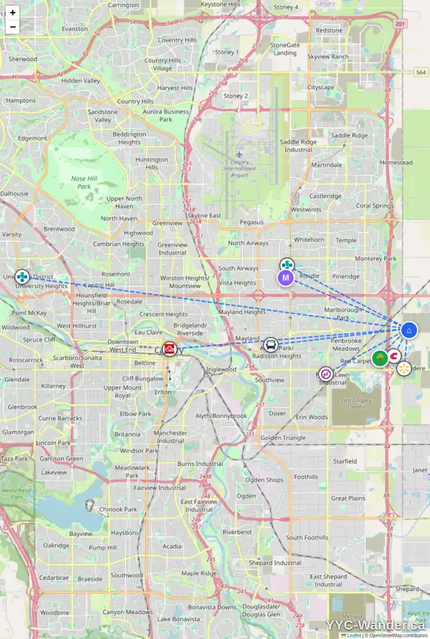 Daily accessibility map for 135 HUXLAND RD NE, Calgary showing nearby schools, grocery stores, parks, LRT stations and nearby amenities