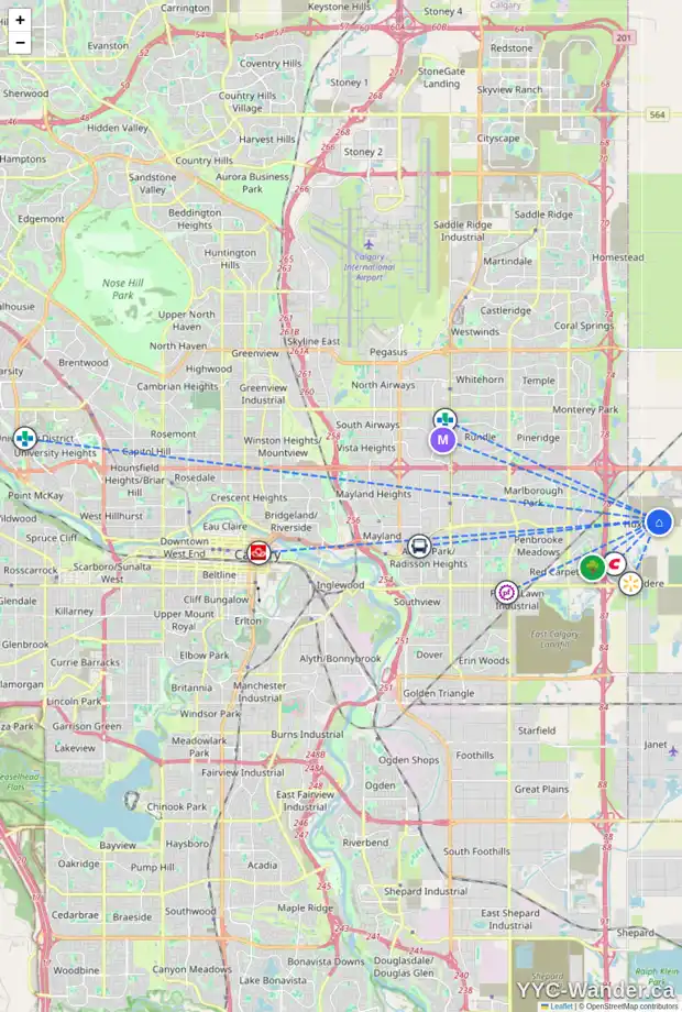 Daily accessibility map for 481 HUXLAND WY NE, Calgary showing nearby schools, grocery stores, parks, LRT stations and nearby amenities