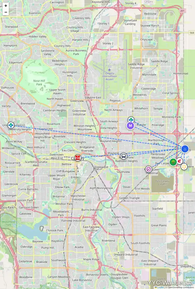 Daily accessibility map for 8549 HUXBURY DR NE, Calgary showing nearby schools, grocery stores, parks, LRT stations and nearby amenities