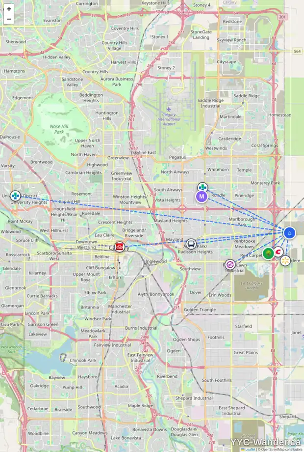 Daily accessibility map for 8737 HUXBURY DR NE, Calgary showing nearby schools, grocery stores, parks, LRT stations and nearby amenities