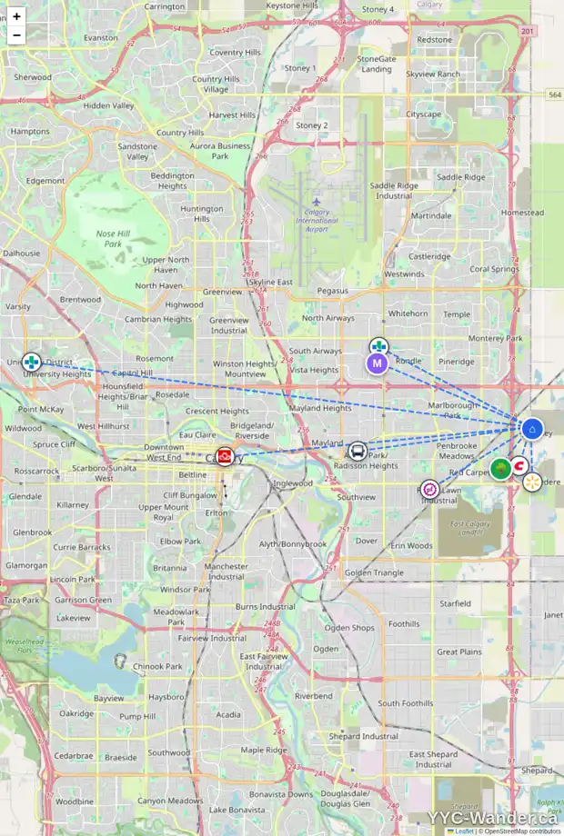 Daily accessibility map for 8510 HUXBURY DR NE, Calgary showing nearby schools, grocery stores, parks, LRT stations and nearby amenities