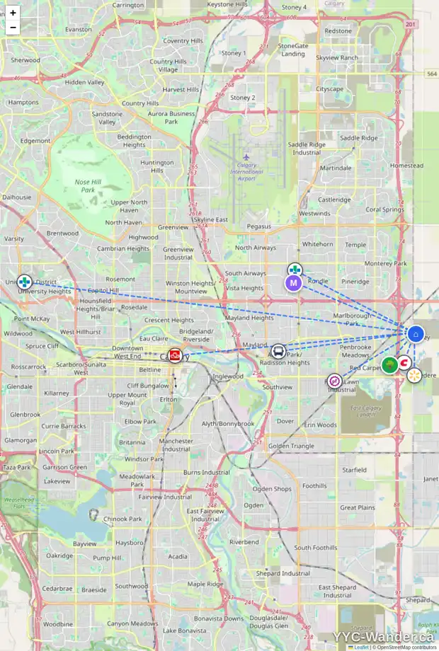 Daily accessibility map for 8542 HUXBURY DR NE, Calgary showing nearby schools, grocery stores, parks, LRT stations and nearby amenities