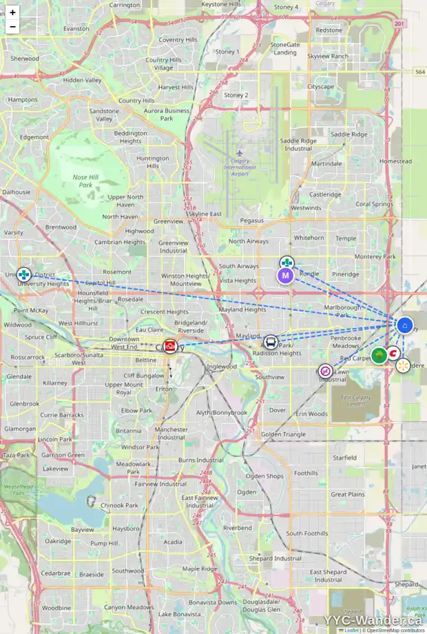 Daily accessibility map for 8554 HUXBURY DR NE, Calgary showing nearby schools, grocery stores, parks, LRT stations and nearby amenities